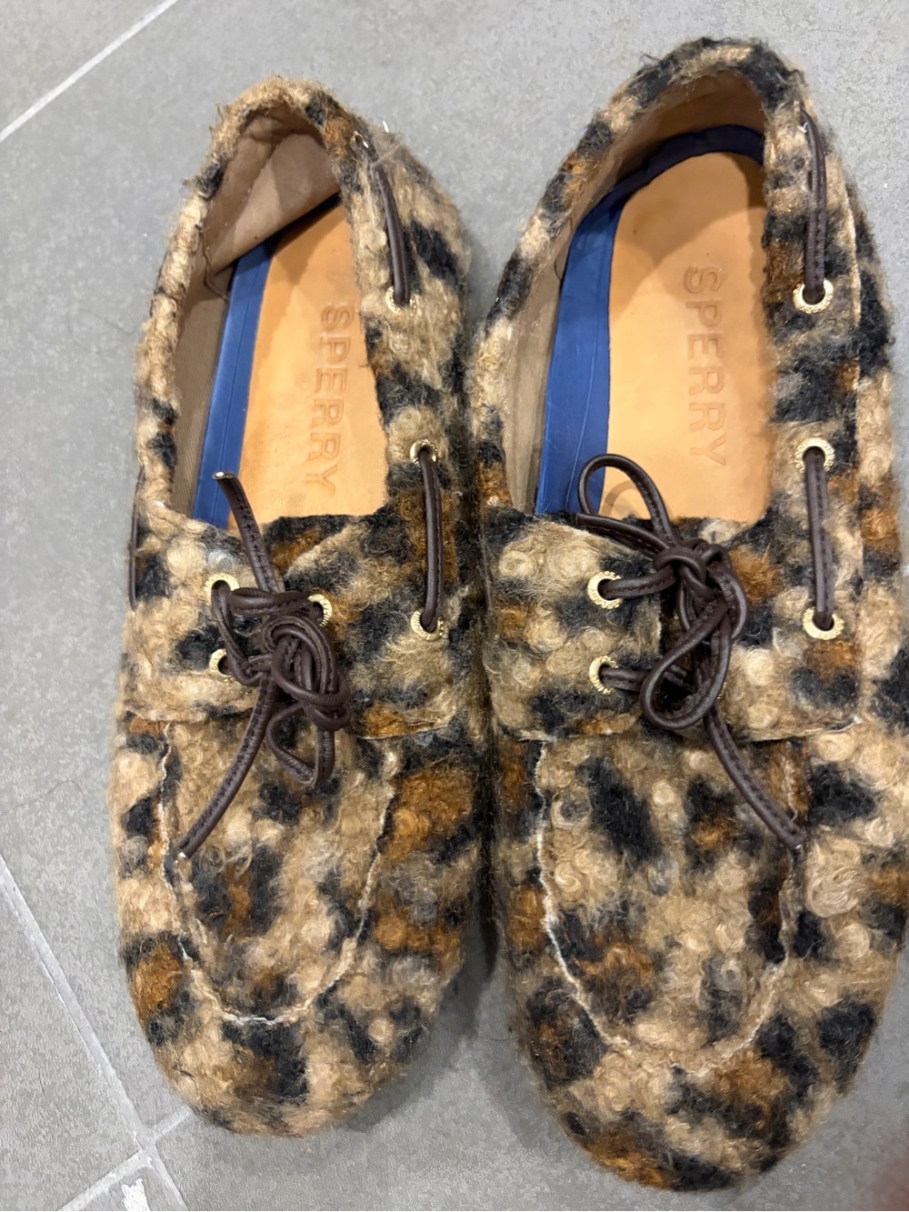 Sperry womens Leopard Fur Slim Boat Shoes with Brown Leather Laces